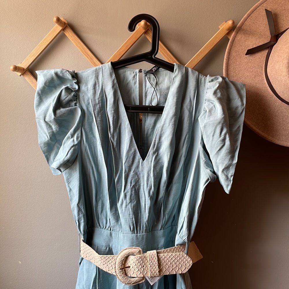 Zara NWOT Puff Sleeve Blue Belted Jumpsuit - Picture 11 of 16